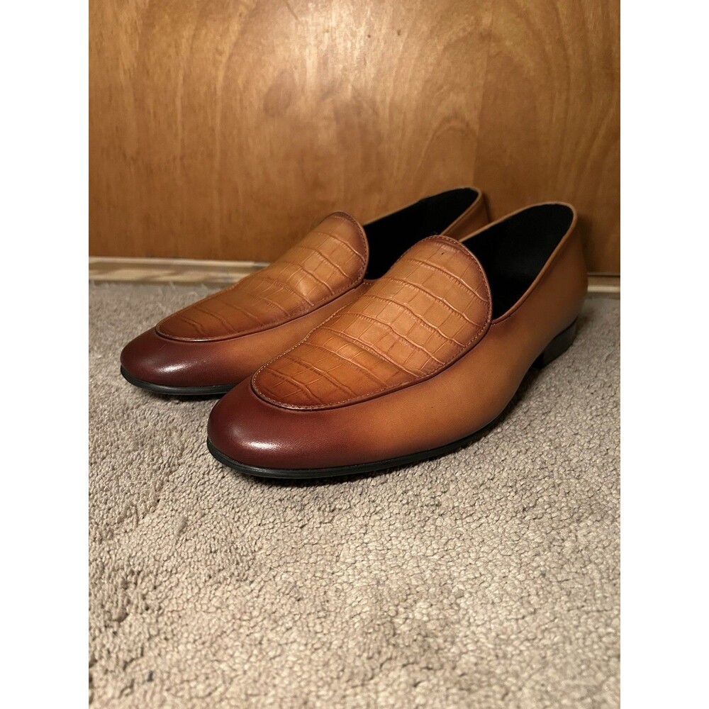 Gifennse Mens Leather Dress Loafers G39-307A Tan Cognac Crocodile Embossed Sz 10